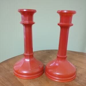 Lancaster Glass Vintage #85 Painted Dark Orange Candlesticks 7"